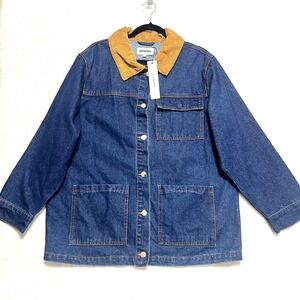 Vigoss Denim Barn Jacket NWT Size L Dark Wash Corduroy Collar Oversized Women's